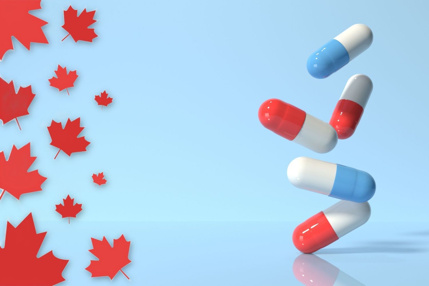 Canada maple leaves on left and pharmaceutical pills in red and blue on right.