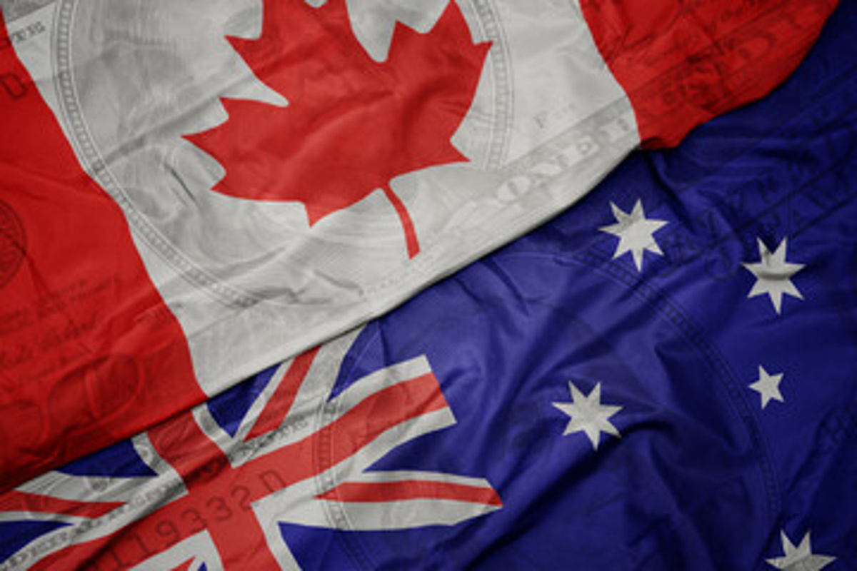 Canadian and Australian flags overlapping with faint currency designs.