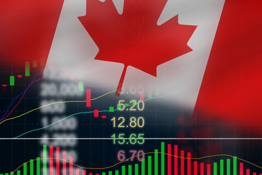canadian flag above stock charts