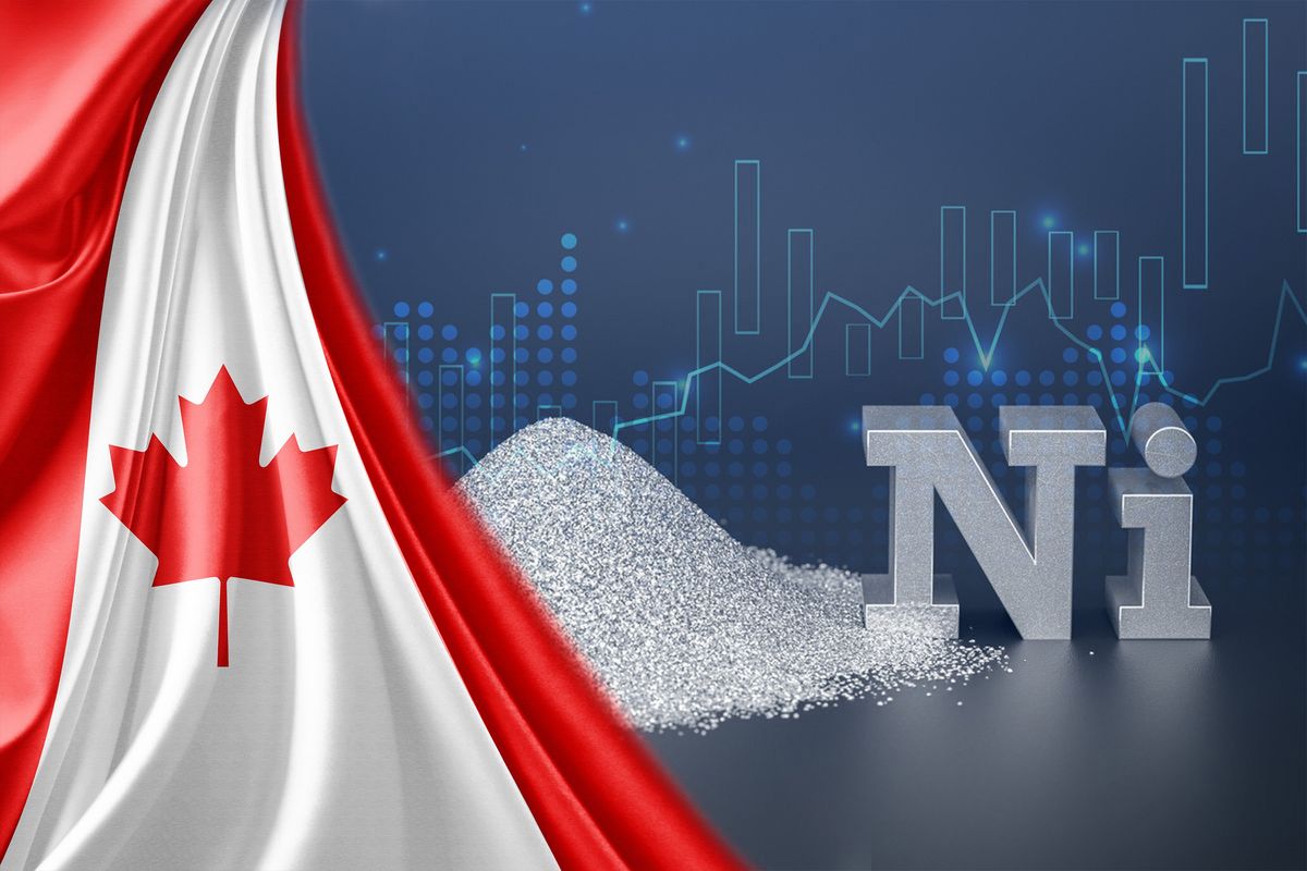 Canadian flag draped over "Ni" symbol and stock chart.