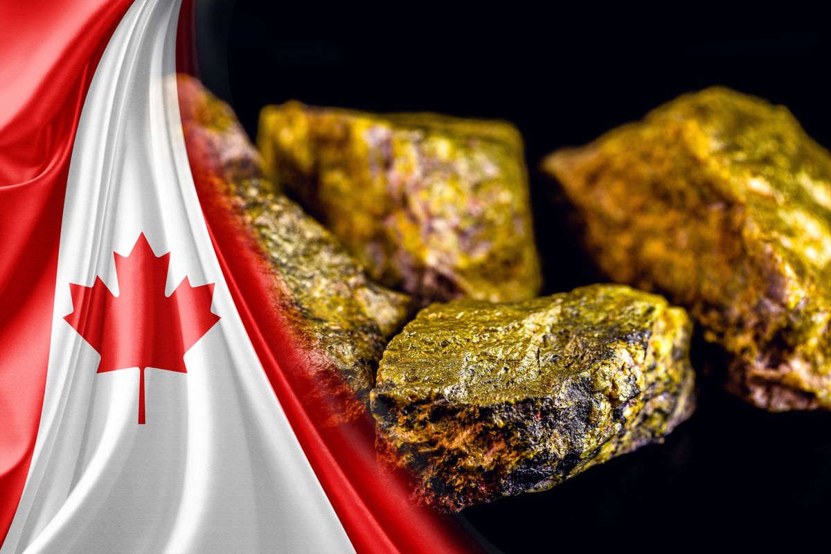 Canadian flag next to uranium ore.