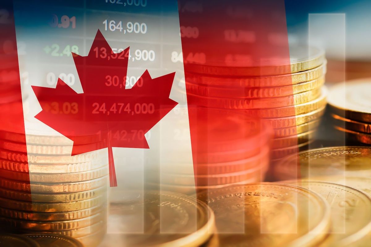 Canadian flag over coins.