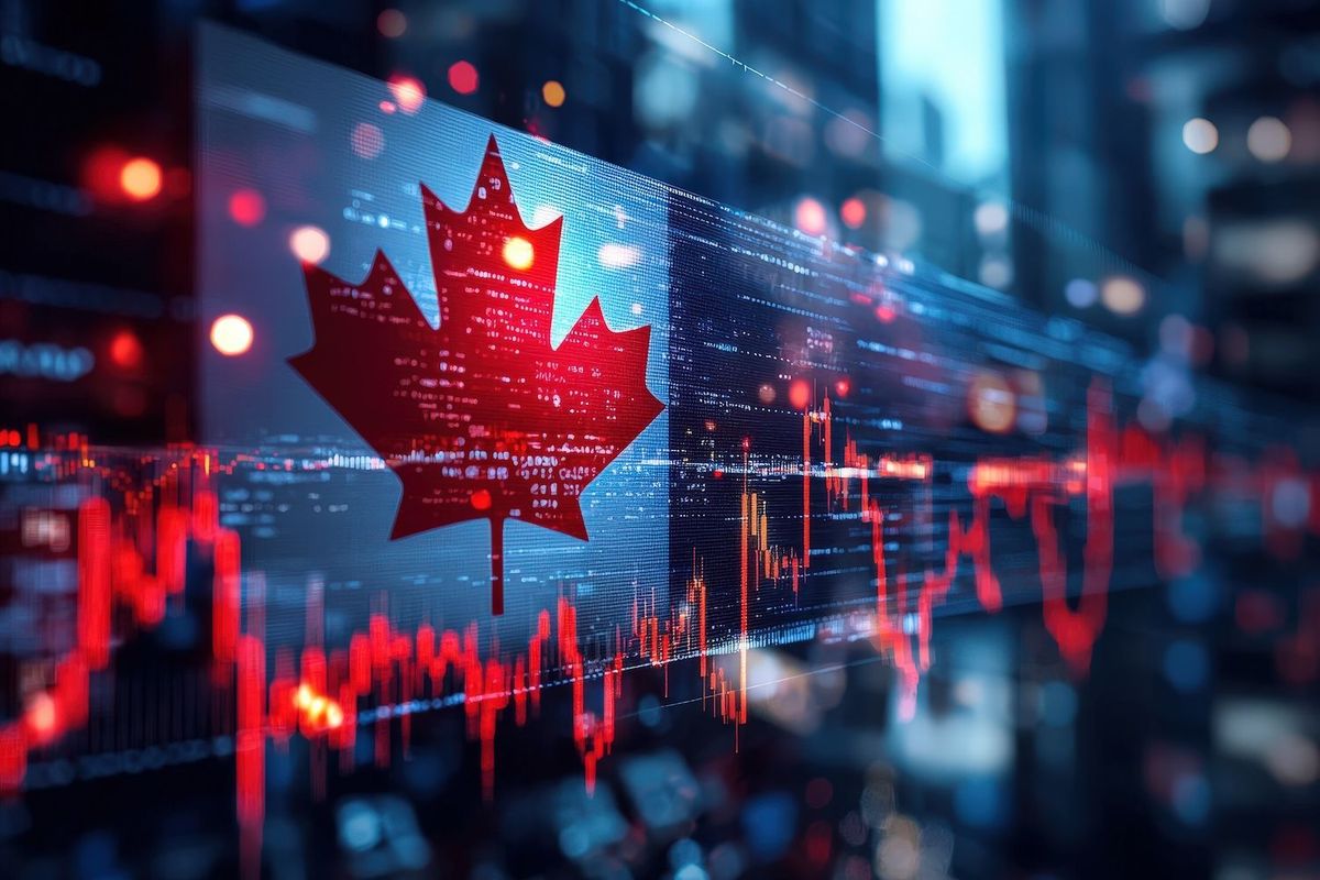 Canadian flag overlaying digital stock market chart with red graphics.