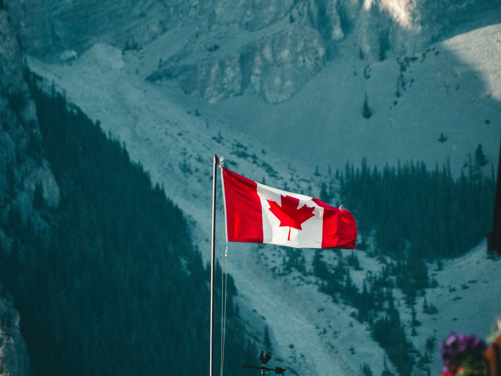 Canadian flag waving in front of a mountain landscape.
