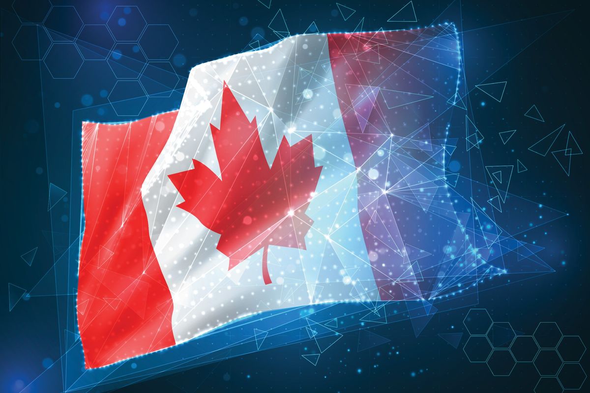 Canadian flag with geometric patterns overlaid.