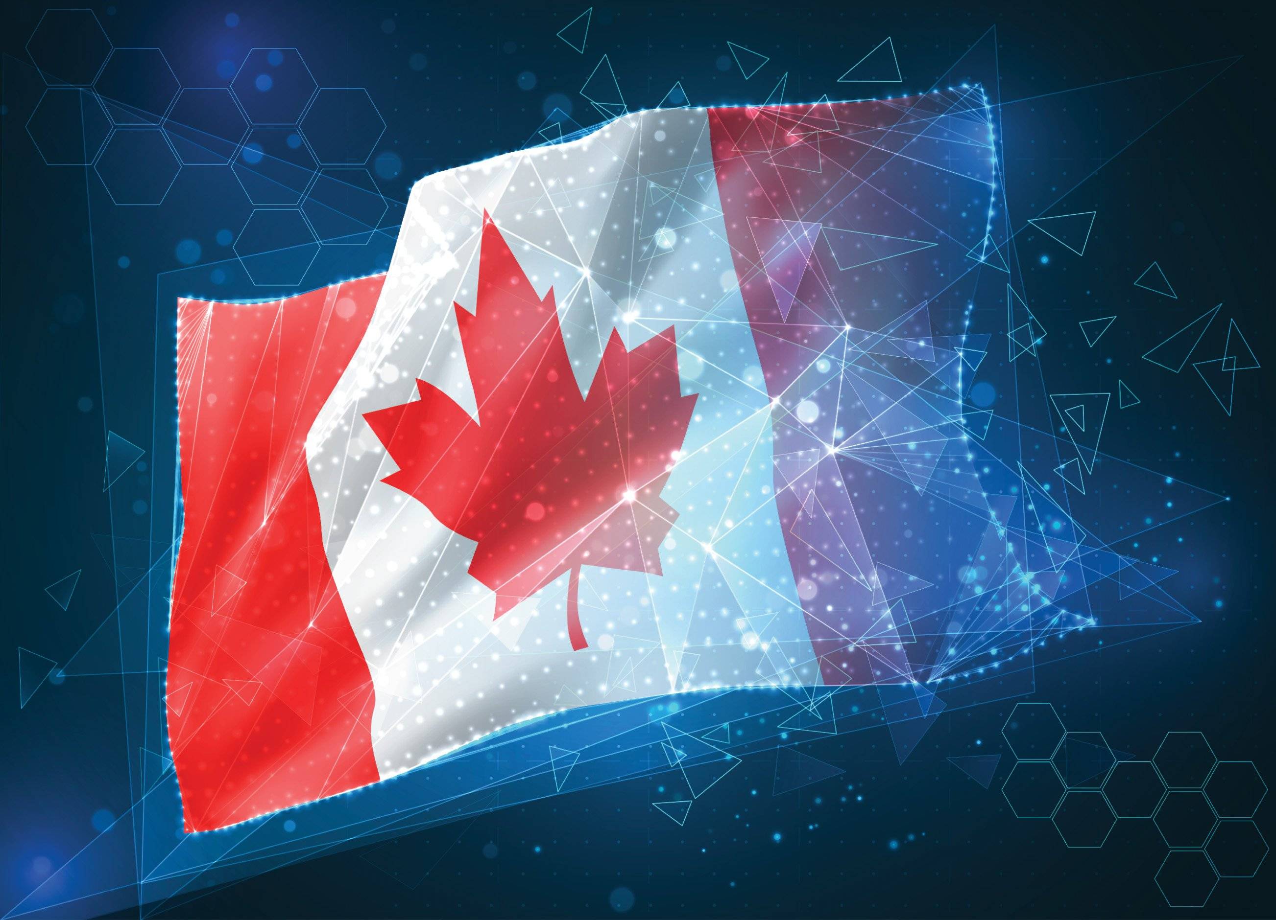 Canadian flag with geometric patterns overlaid.