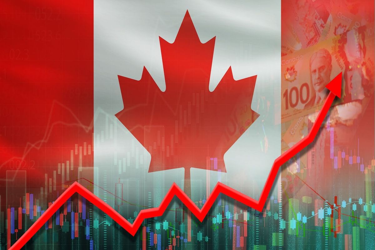 Canadian flag with rising financial chart and currency background.