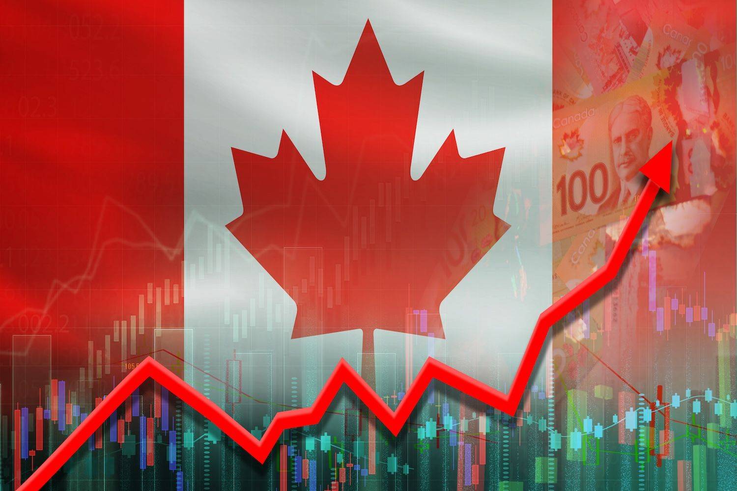 Canadian flag with rising financial chart and currency background.