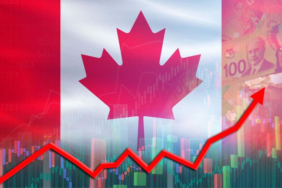 Canadian flag with stock market graph showing upward trend and banknotes in the background.