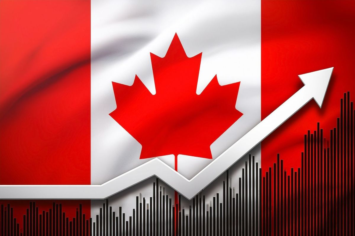 Canadian flag with upward graph overlay, indicating economic growth.
