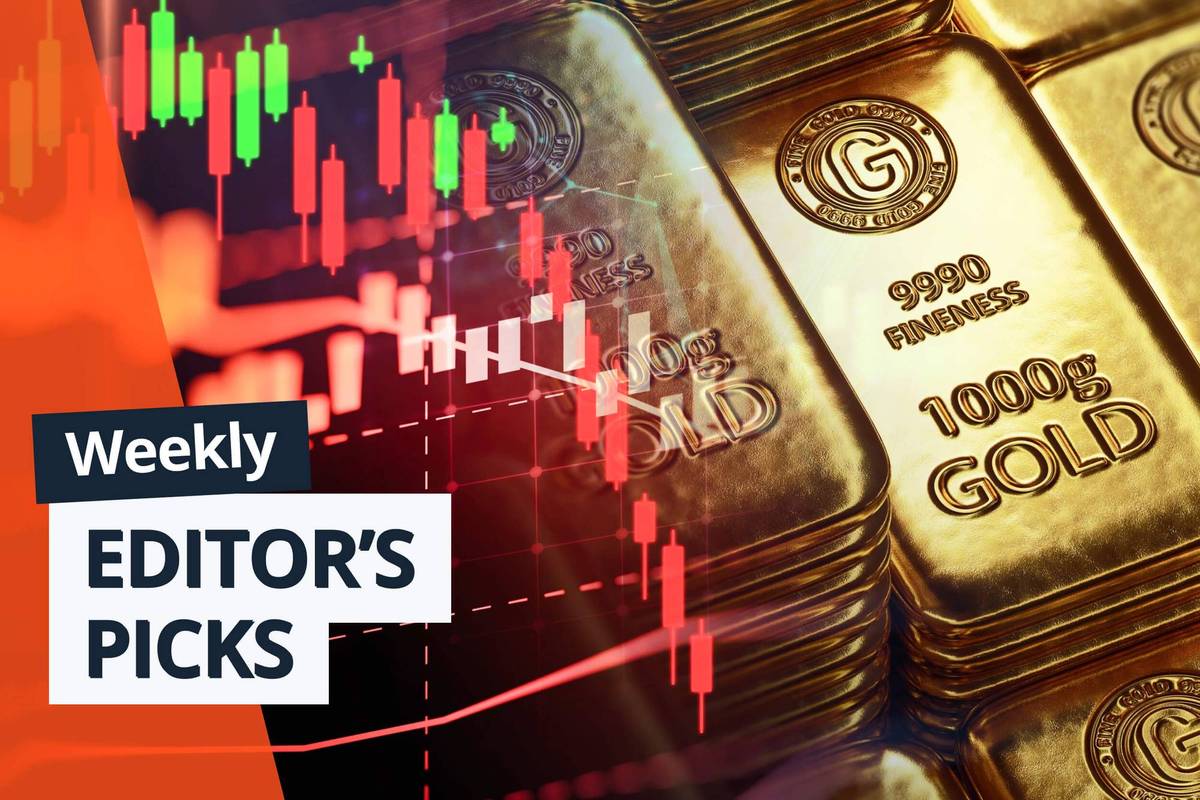 Candlestick chart over gold bars with "Weekly Editor's Picks" text.