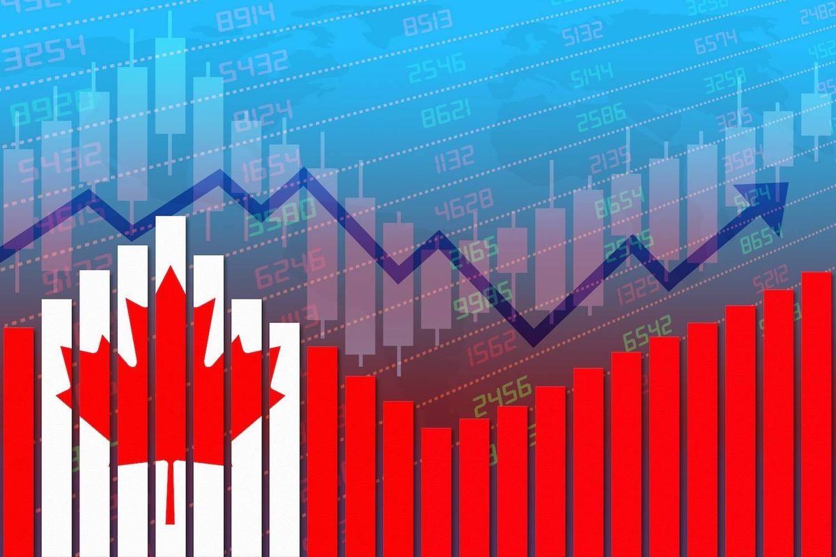 Candlestick chart with Canadian flag motif, rising bar graph and world map background.