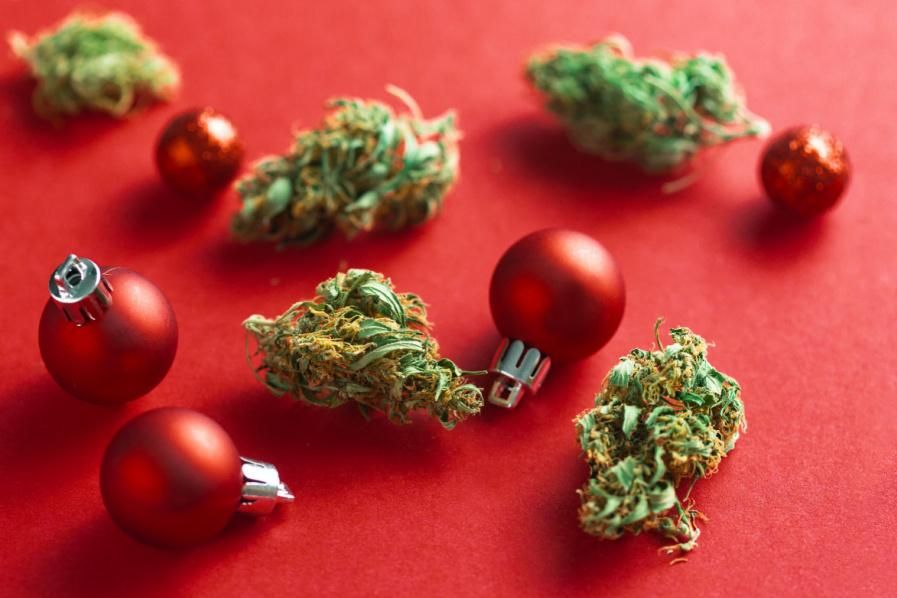 cannabis buds with christmas ornaments