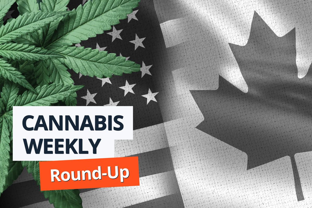 Cannabis leaf in front of US and Canada flags with the words Cannabis Weekly Round-Up.