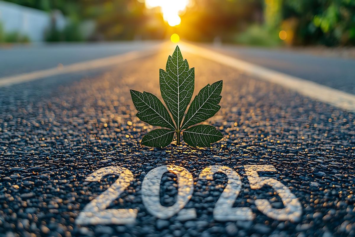 Cannabis leaf on road marked with "2025," with sunlight in the background.