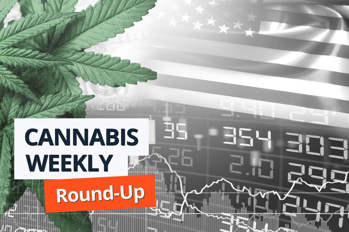 cannabis leaves, american flag, stock chart