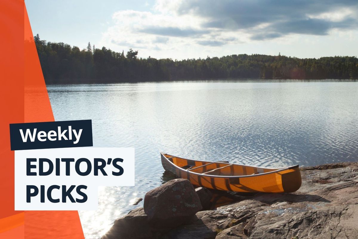 Canoe on the shore of Boundary Lake, Minnesota, with "Weekly Editor's Picks" text overlay.