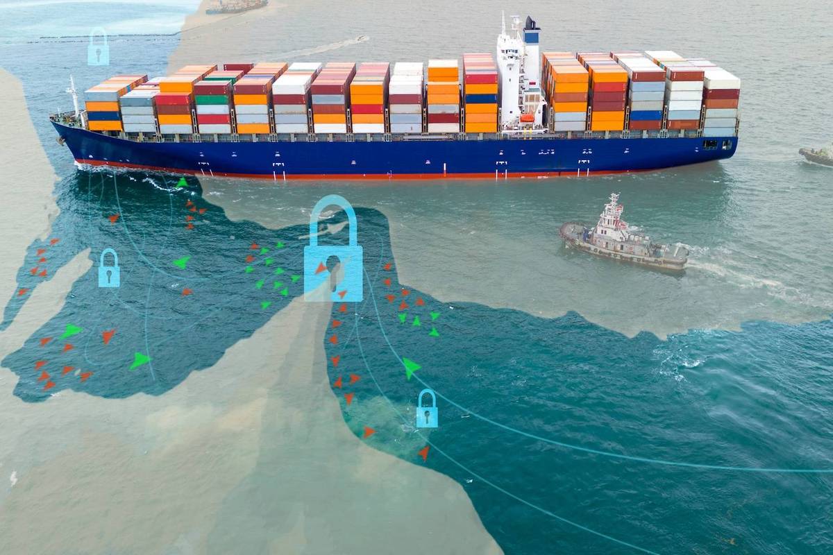 Cargo ship at sea with digital security locks overlay.