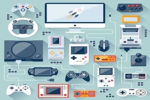 cartoon drawings of video game consoles and controllers