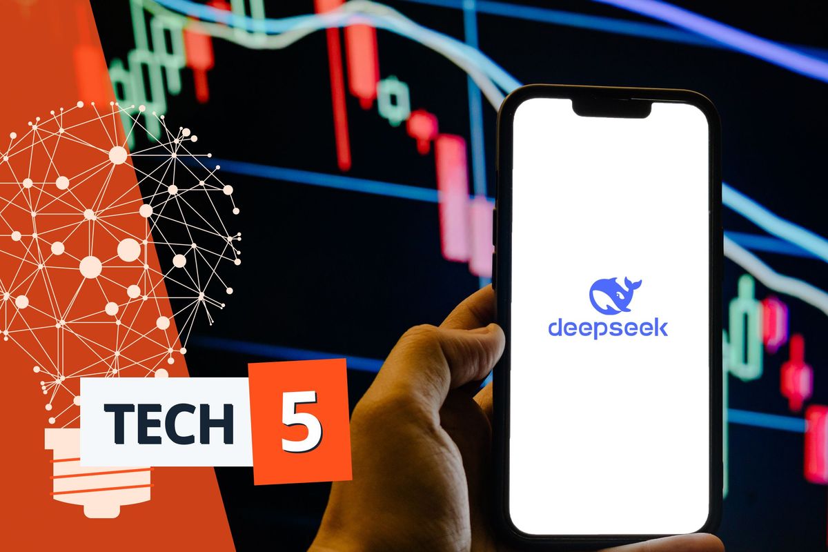 Cell phone with DeepSeek logo.