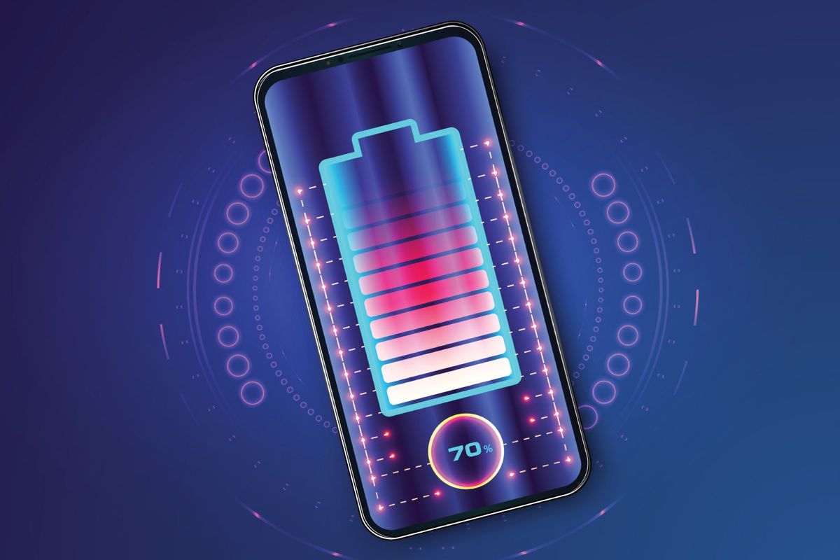 cell phone with lithium battery symbol charged at 70 percent