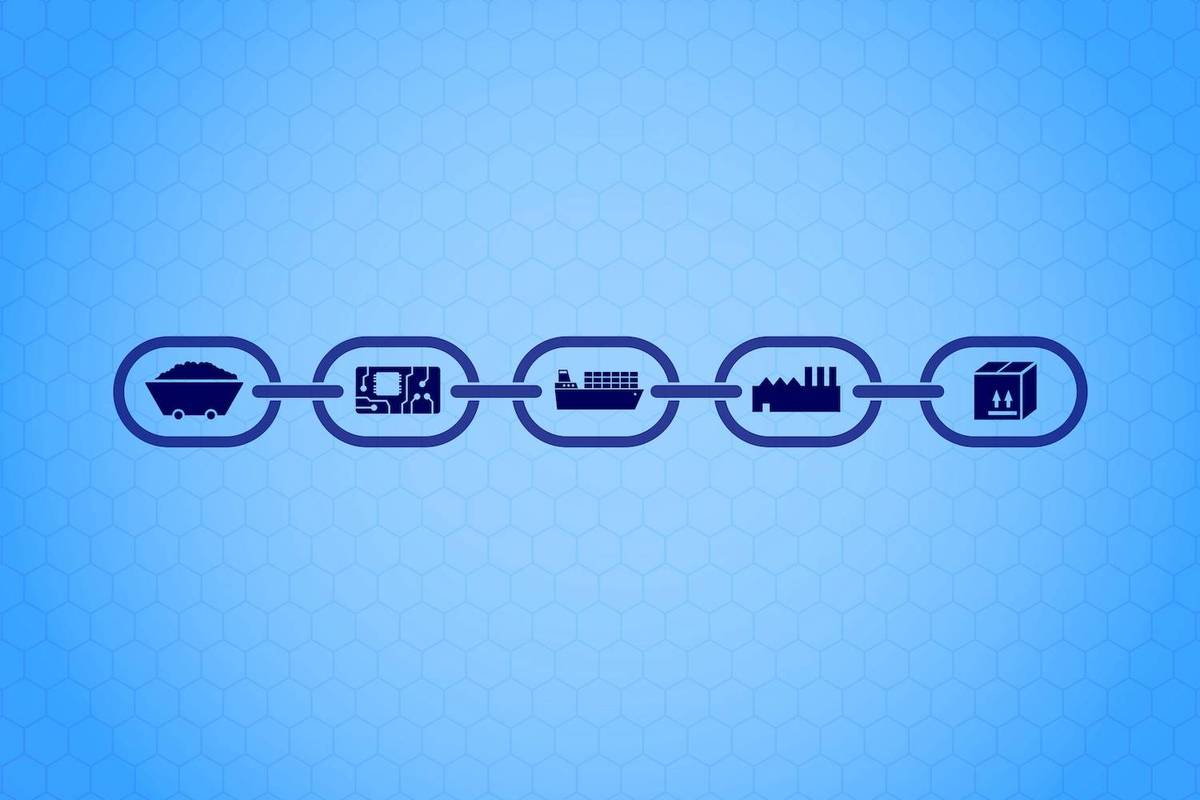 Chain with icons of a cart, circuit, ship, factory and box on a blue hexagonal background.