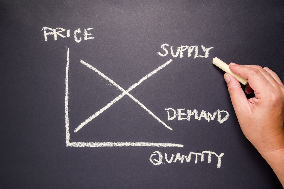 Chalkboard with graph showing price, supply, demand and quantity.
