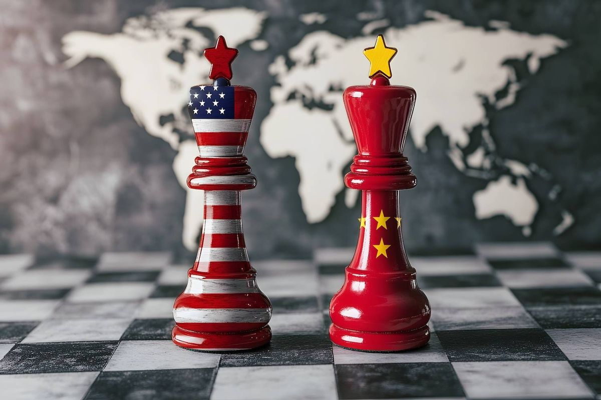 Chess pieces painted with American and Chinese flags on a checkered board, world map in the background.