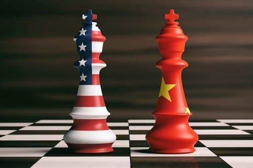 chess pieces with american and chinese flag patterns