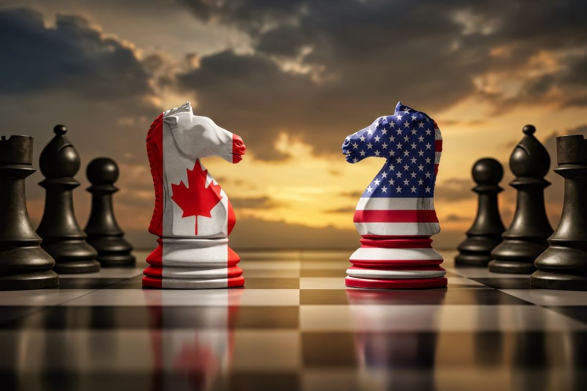 Chess pieces with US and Canadian flags.