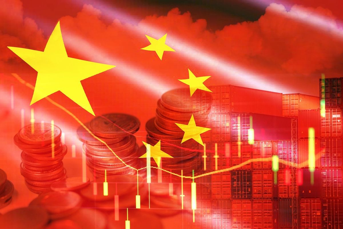 Chinese flag over shipping containers and coins.
