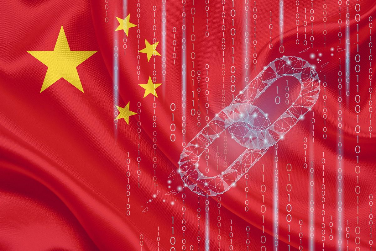 chinese flag with blockchain overlay