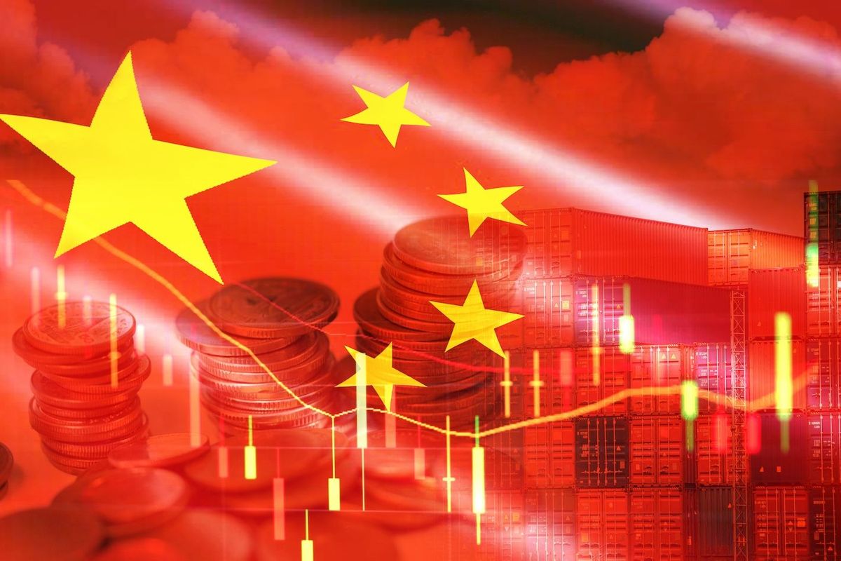 Chinese flag with shipping containers and stock charts.