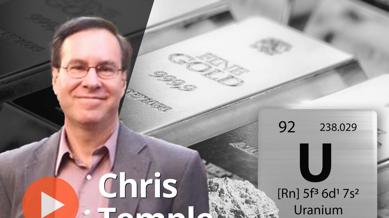 Chris Temple, uranium symbol and gold bars.