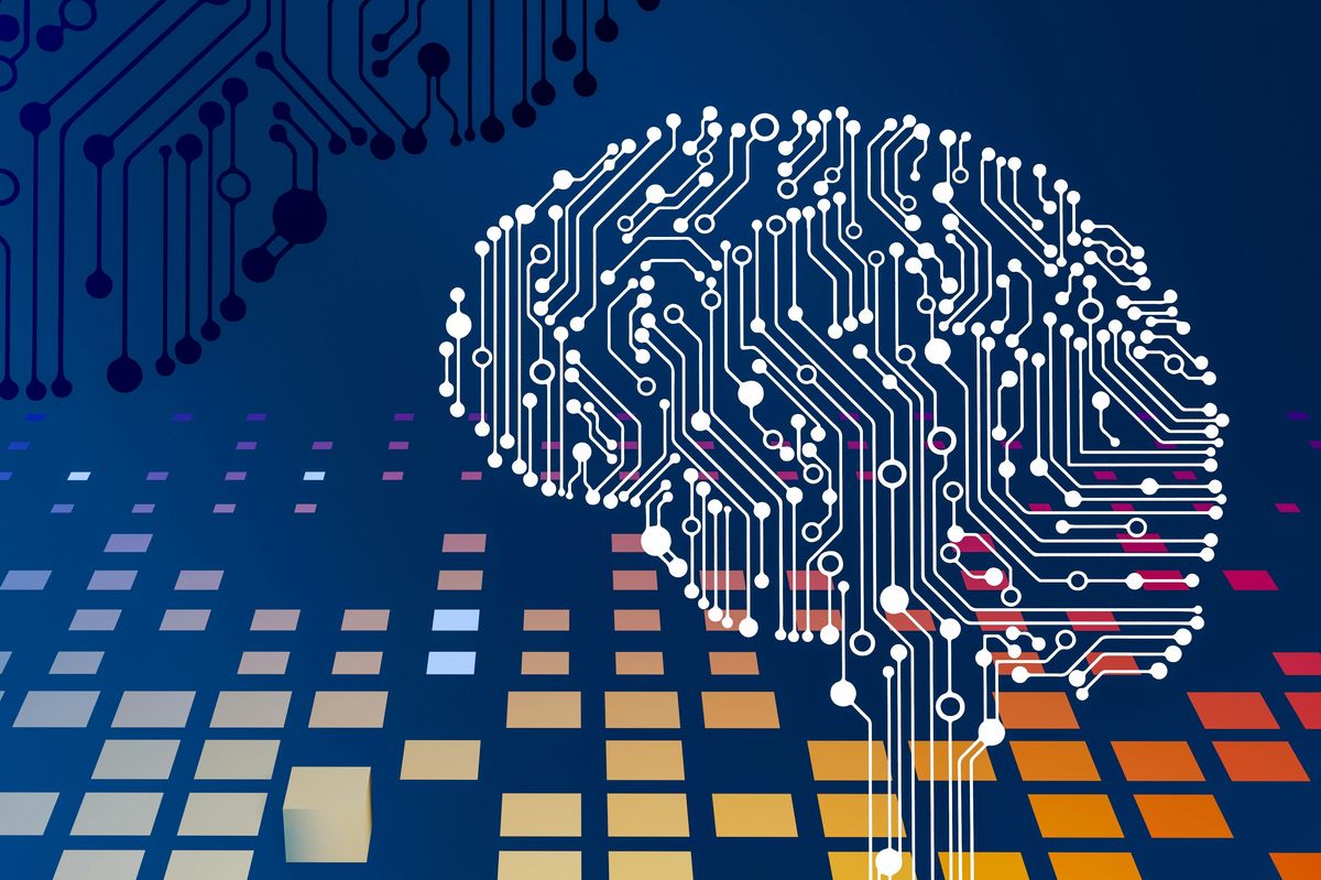 Circuit board forming a brain shape on a digital blue background.