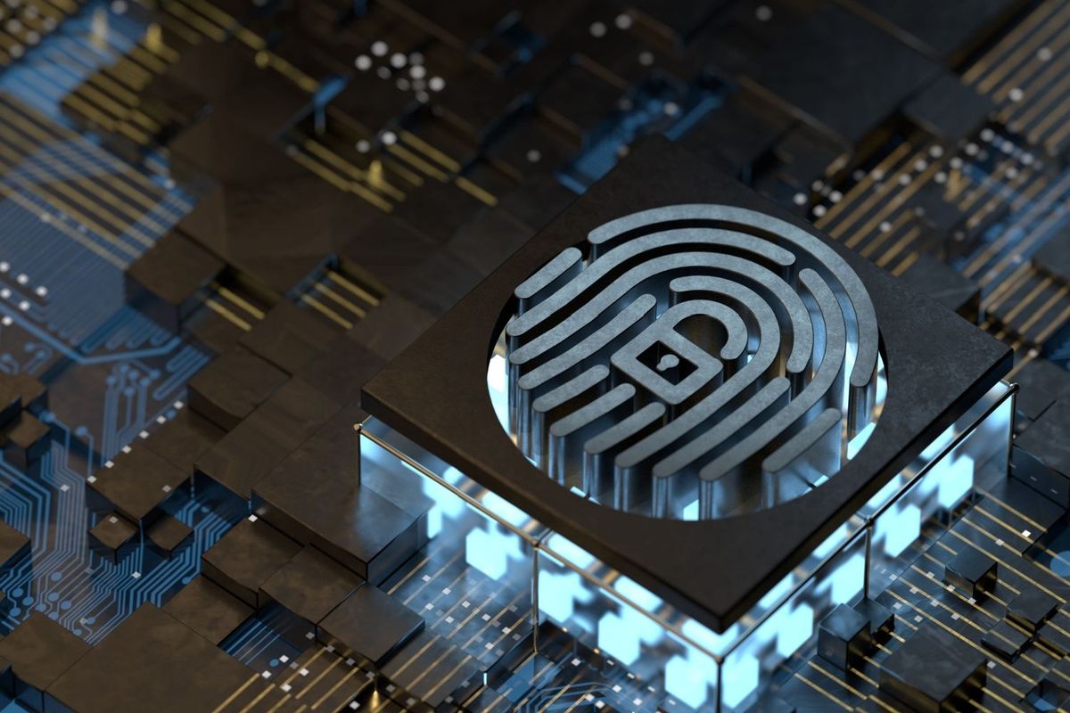 Circuit board with a raised square showing a thumbprint and lock design.