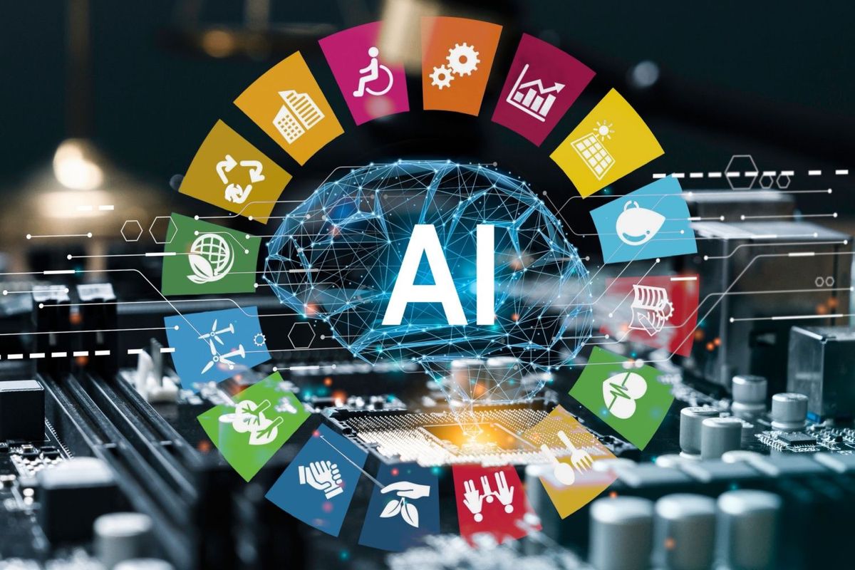 Circuitboards with digital brain and letters "AI" behind symbols showing healthcare, cleantech and infrastructure.