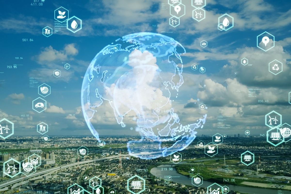 Cleantech concept with globe overlaid on city.