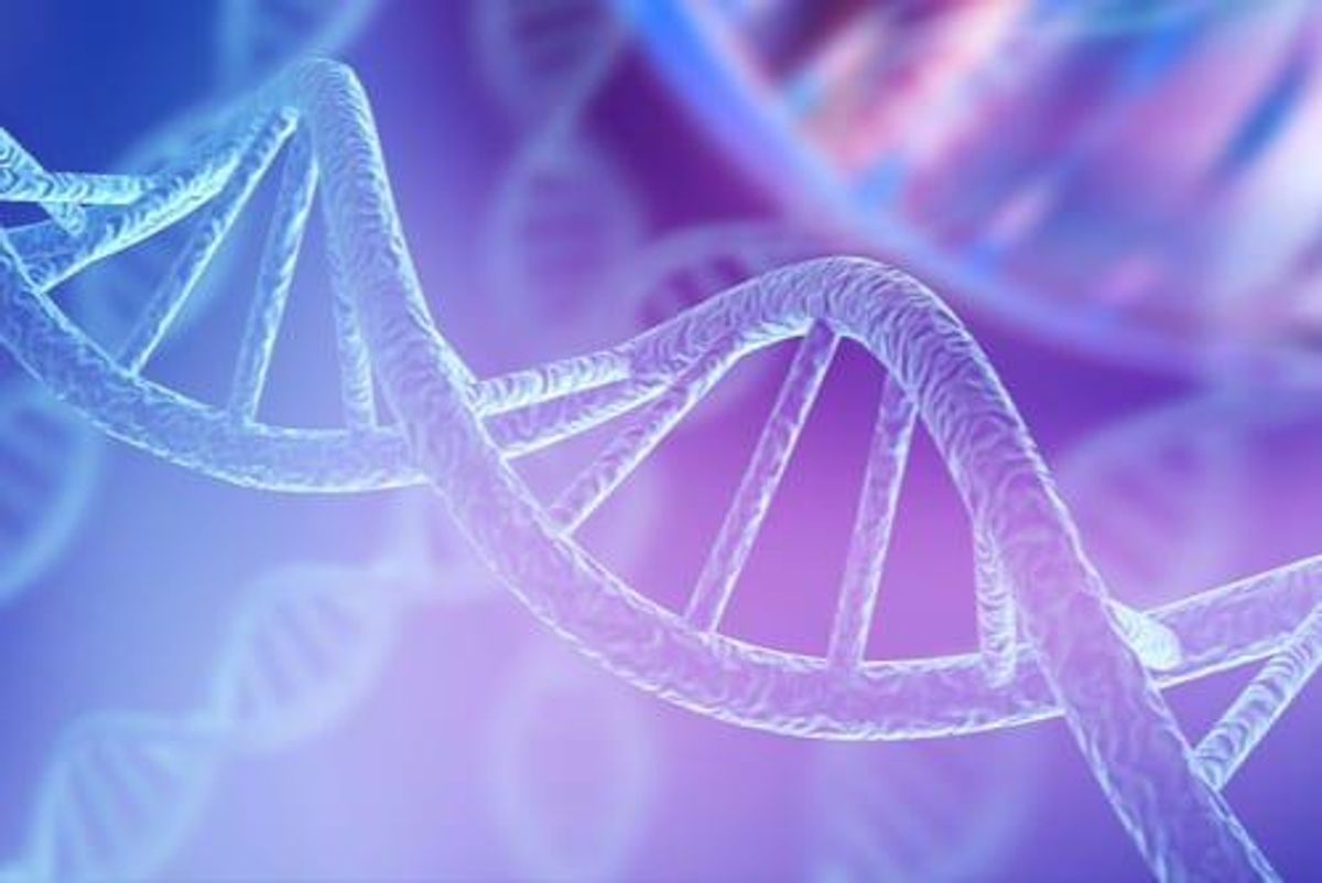 Close-up of a DNA double helix on a purple and blue gradient background.