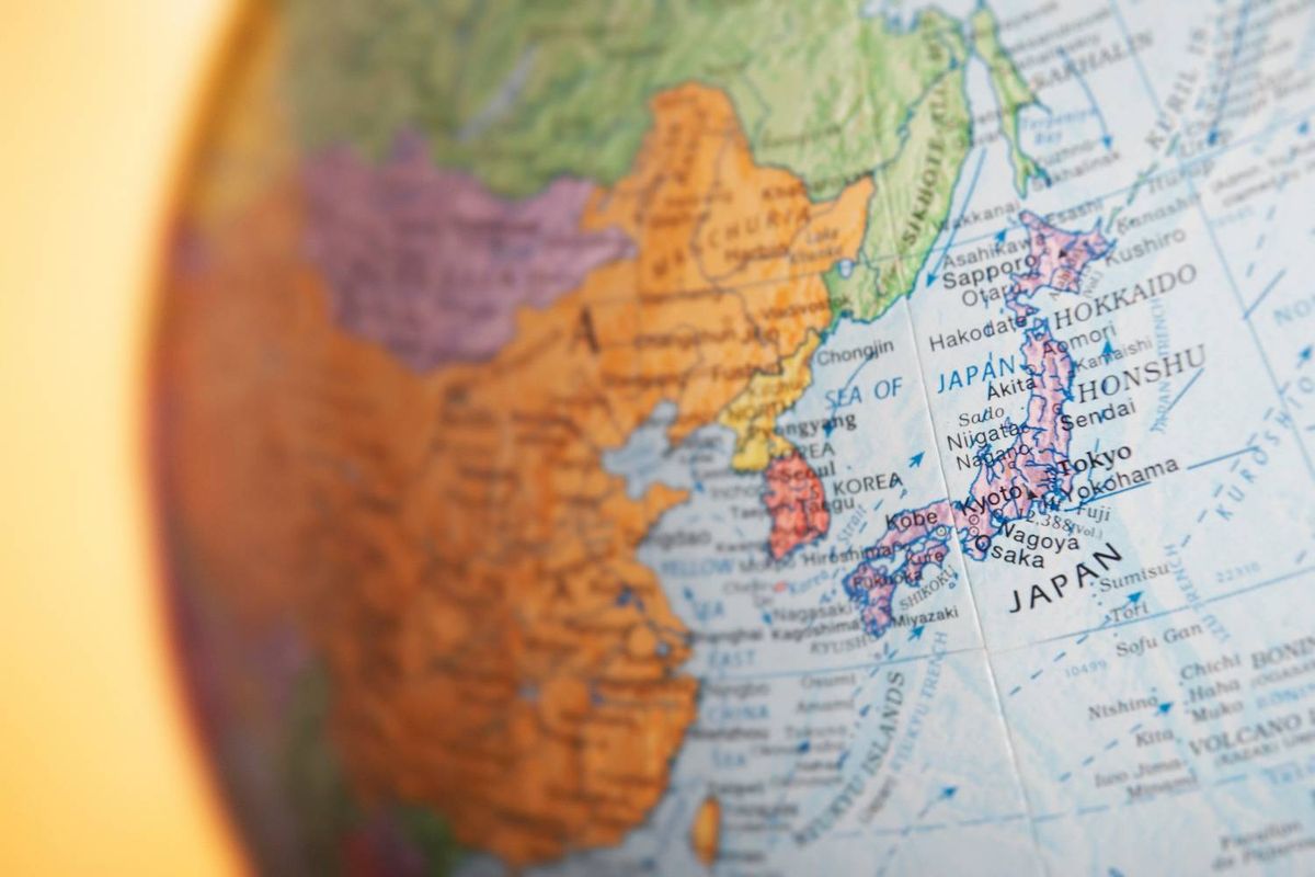 Close-up of a globe depicting Japan and parts of East Asia.
