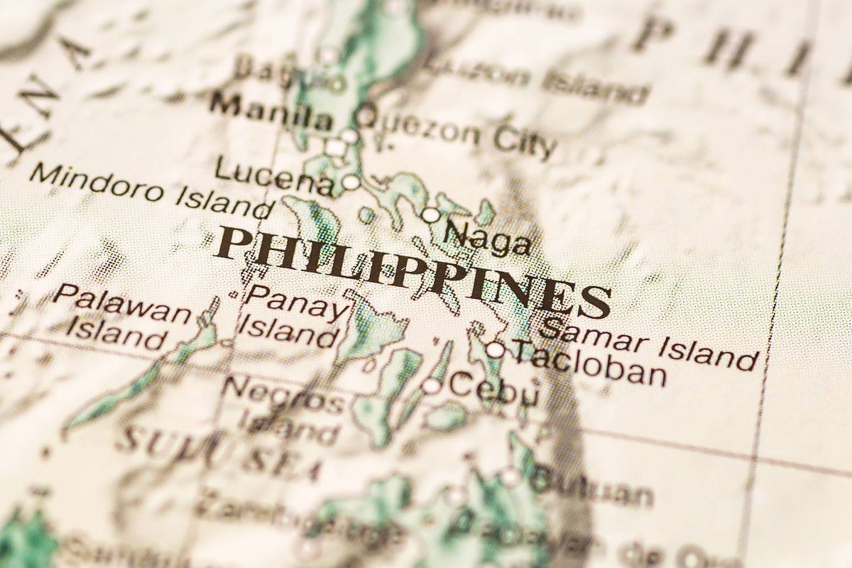 Close-up of a map highlighting the Philippines with text reading: Philippines, Mindoro Island, Panay Island, Samar Island, Cebu.