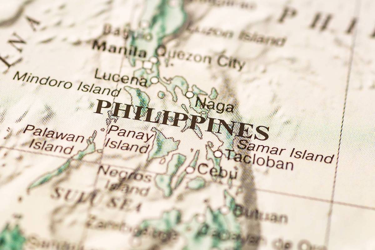 Close-up of a map highlighting the Philippines with text reading: Philippines, Mindoro Island, Panay Island, Samar Island, Cebu.