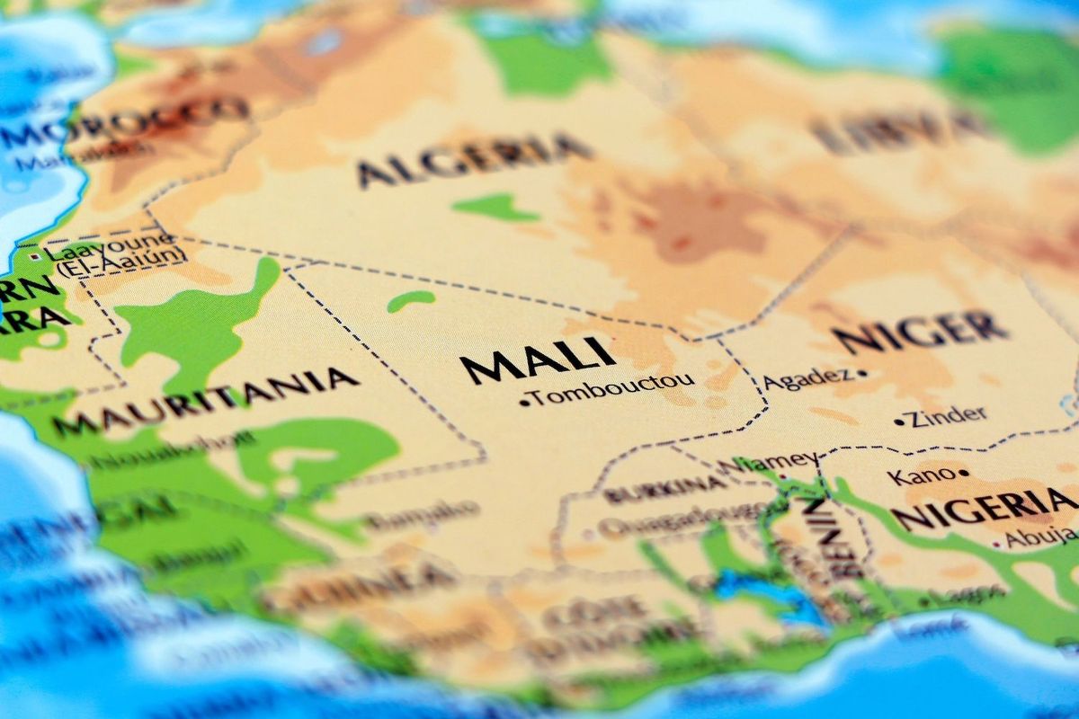 Close up of Mali on a map of Africa.