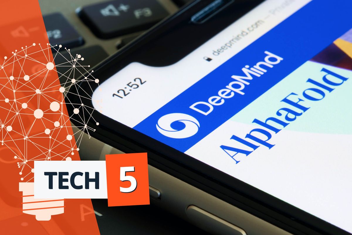 Close up of phone showing AlphaFold logo.