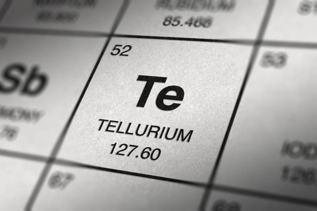 Close-up of the periodic table element Tellurium, box with atomic number 52 and atomic weight 127.60.