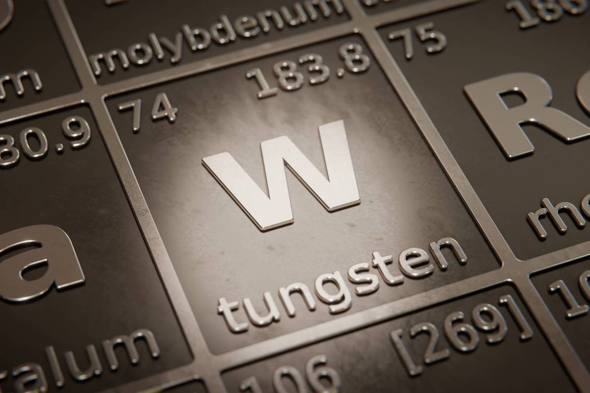 Close-up of tungsten element from the periodic table, symbol W, atomic number 74.