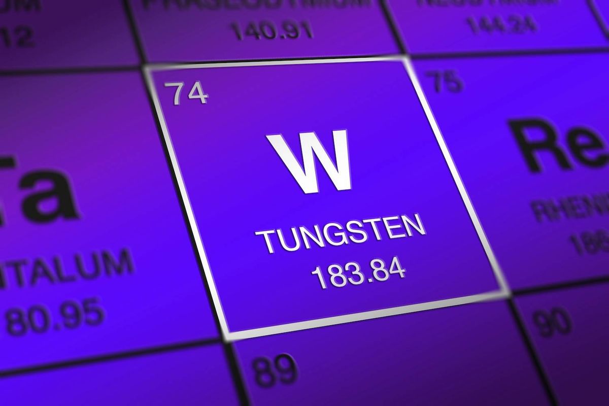 Close-up of tungsten on the periodic table, element 74, symbol W, atomic weight 183.84.