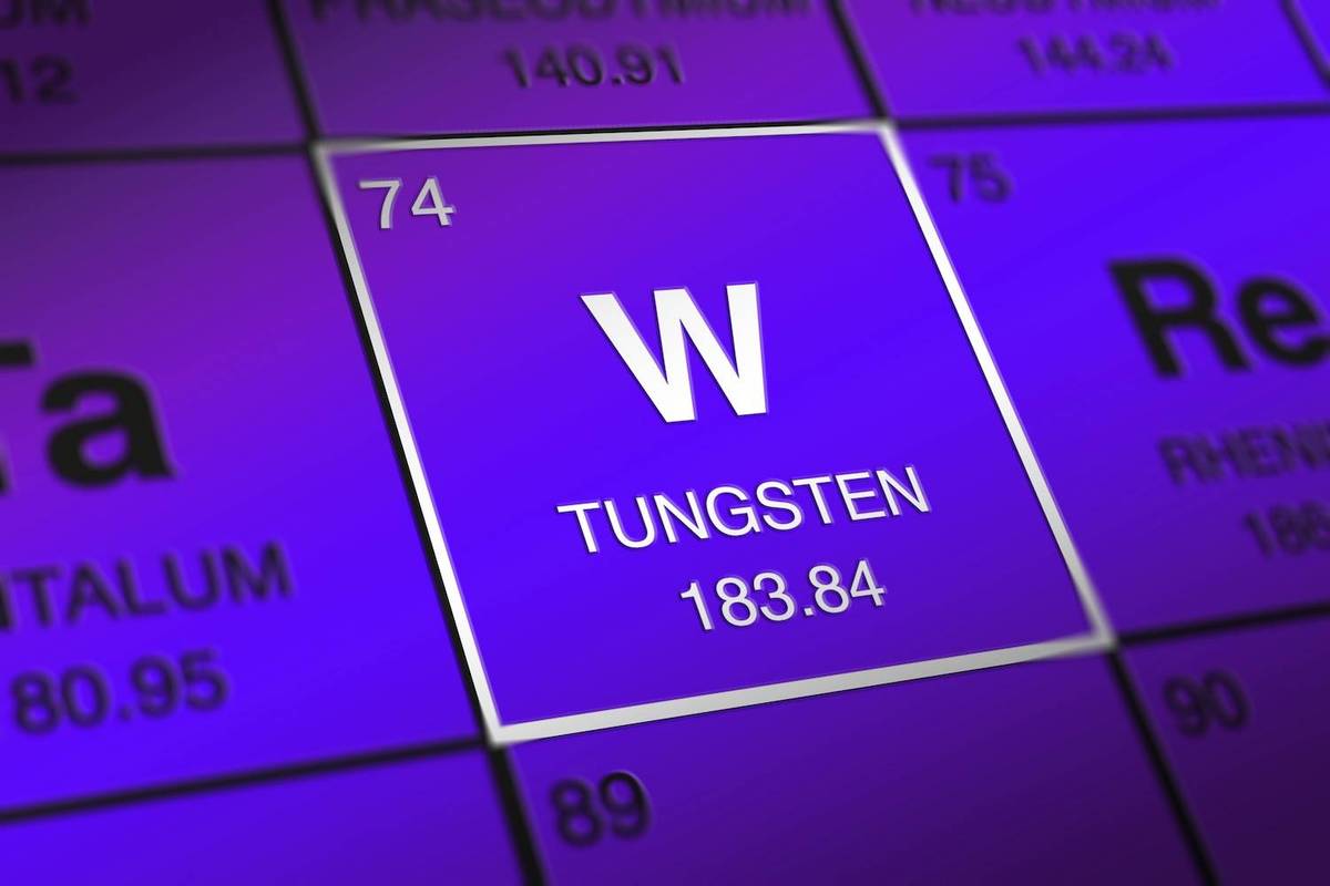 Close-up of tungsten on the periodic table, element 74, symbol W, atomic weight 183.84.