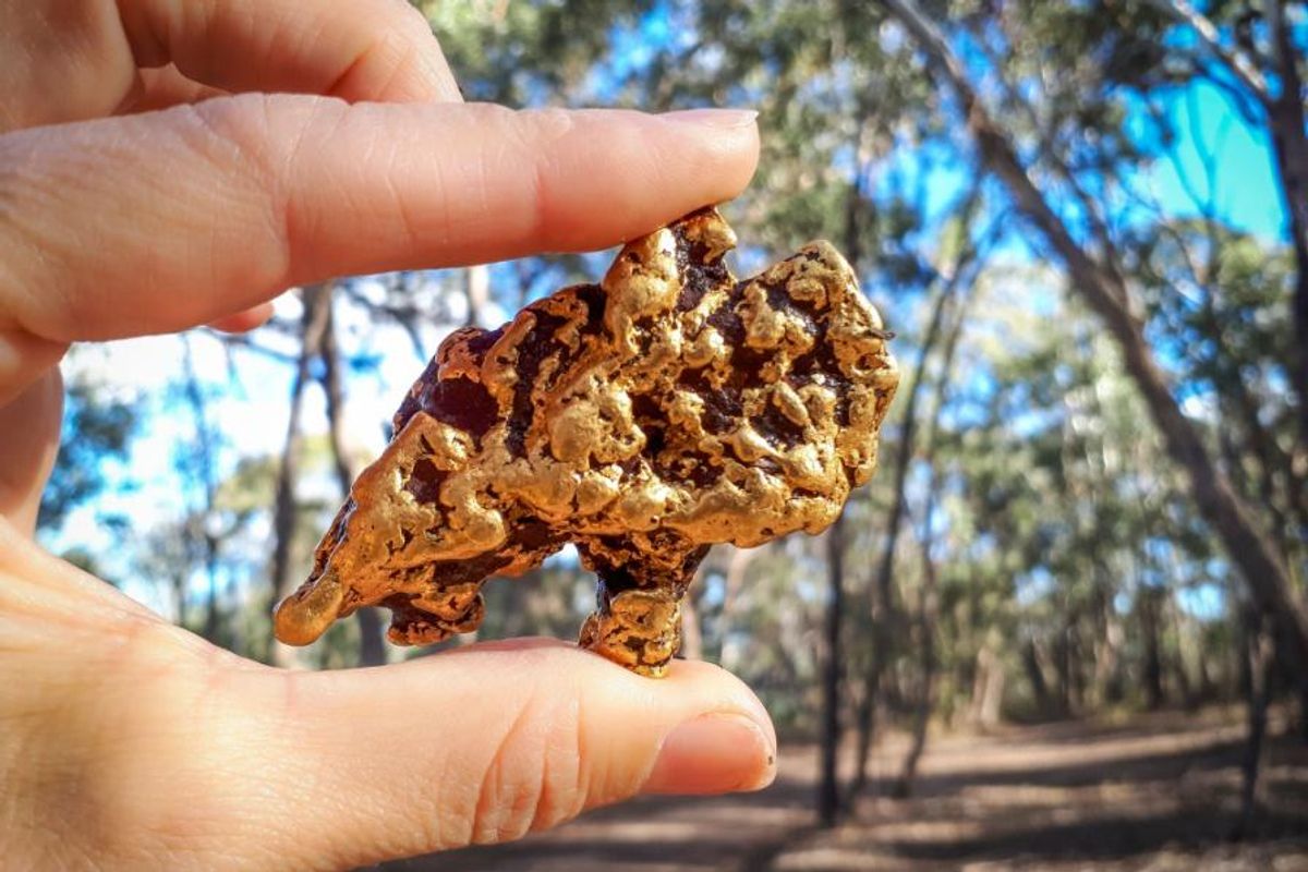 closeup of a hand holding a gold nugget against a backdrop of trees