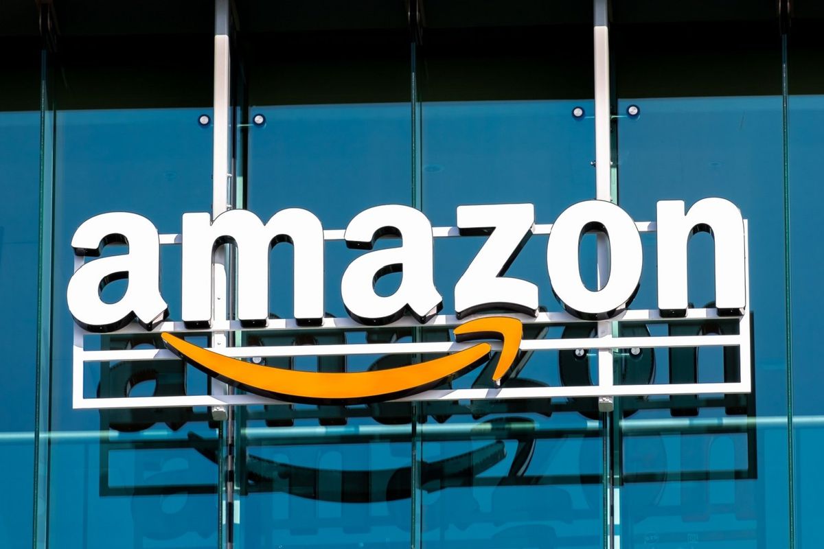 Closeup of Amazon logo on the Amazon building in Palo Alto, California.
